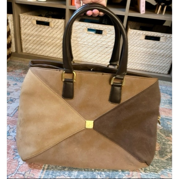 DIANE VON FURSTENBERG Two-Way Weekender Duffle Travel Bag Brown Suede Tri-Tone - Picture 3 of 16